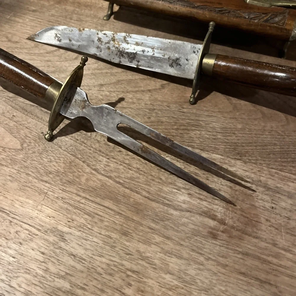 Vintage Hand Carved Wood & Brass Meat Carving Set Made in India